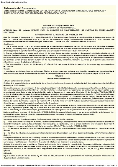 Decreto N° 24, del 31 de agosto de 2011, que aprueba las bases de licitación pública para el servicio de administración de cuentas de capitalización individual.