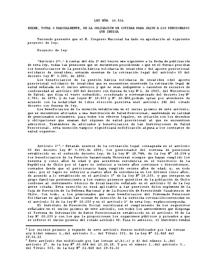 Ley N° 20.531, del 31 de agosto de 2011, que exime totalmente de la obligación de cotizar para salud, a los pensionados y beneficiarios que indica.
