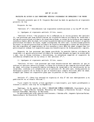 Ley N° 20.459, del 31 de agosto de 2010, que facilita el acceso a las pensiones básicas solidarias (PBS).