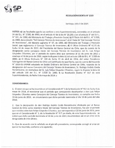 Resolución Exenta N° 1319, del 3 de julio de 2014, que rectifica la Resolución Exenta N° 917 sobre constitución del Consejo Técnico de Inversiones (CTI).