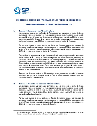 Informe de comisiones pagadas por los fondos de pensiones entre el 1 de abril y el 30 de junio de 2014