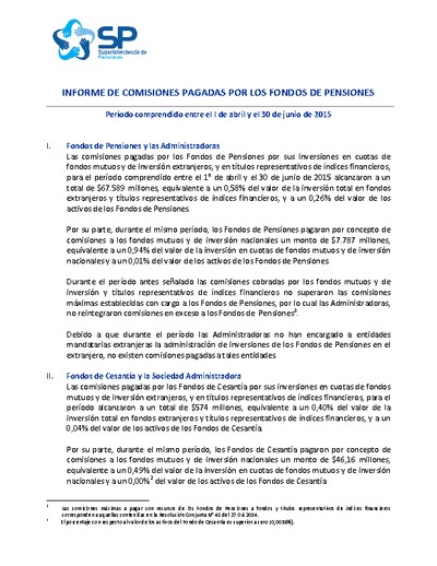 Informe de comisiones pagadas por los fondos de pensiones entre el 1°de abril y el 30 de junio de 2015