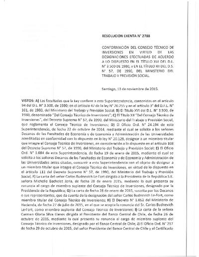 Resolución Exenta N° 2788, del 13 de noviembre de 2015, que establece la conformación del Consejo Técnico de Inversiones (CTI).