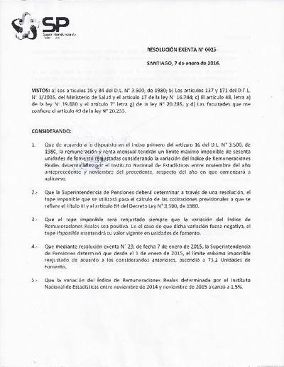 Resolución exenta N° 25 del 7 de enero de 2016. Tope imponible.