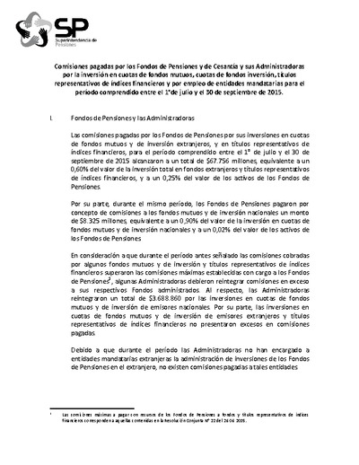 Informe de comisiones pagadas por los fondos de pensiones entre el 1°de julio y el 30 de septiembre de 2015