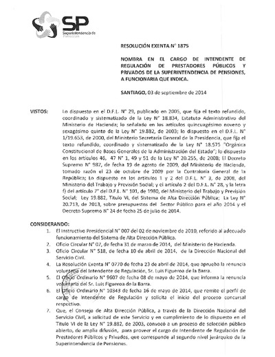 Resolución Exenta N° 1875, del 3 de septiembre de 2014, que nombra a Olga Fuentes Contreras como intendenta de Regulación de la SP.