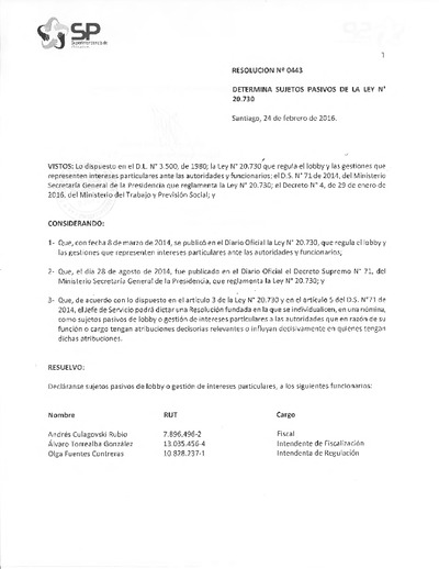 Resolución N° 0443, del 24 de febrero de 2016, que determina sujetos pasivos de la Ley N° 20.730 que regula el lobby.