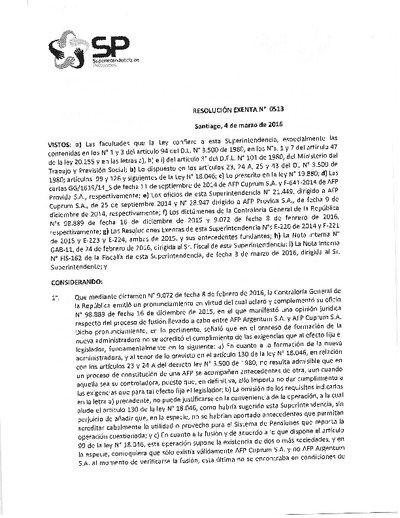 Resolución N° 513 del 4 de marzo de 2016 sobre las fusiones de las AFP Cuprum - Argentum, y Provida - Acquisition.