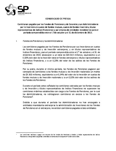 Informe de comisiones pagadas por los fondos de pensiones entre el 1°de octubre y el 31 de diciembre de 2015
