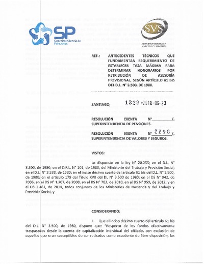 Resolución exenta N° 1.329 del 23 de junio de 2016, sobre comisiones máximas por asesoría previsional