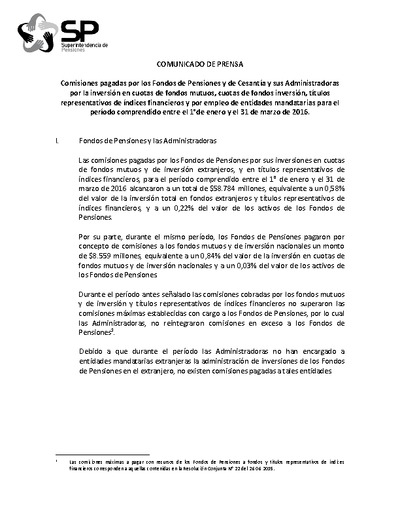 Informe de comisiones pagadas por los fondos de pensiones entre el 1°de enero y el 31 de marzo de 2106