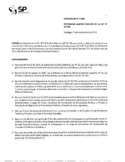 Resolución N° 1949, del 12 de septiembre de 2016, que determina sujetos pasivos de la Ley N° 20.730 que regula el lobby.