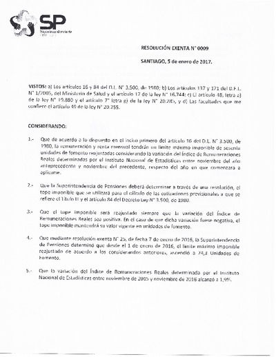 Resolución Exenta N° 9 del 6 de enero de 2017.  Tope imponible 2017.