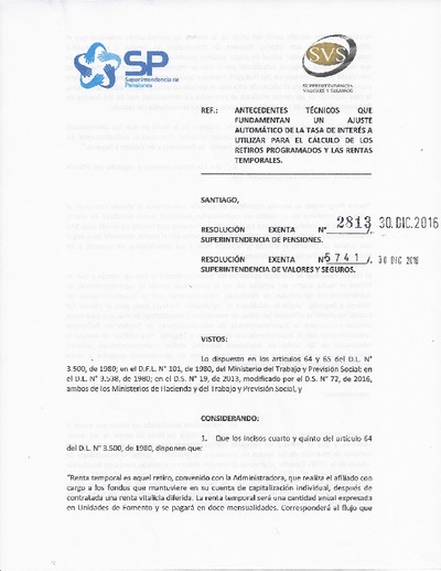 Resolución Exenta N° 2813 del 30 de diciembre de 2016. Tasas de interés para el cálculo de retiros programados y rentas temporales