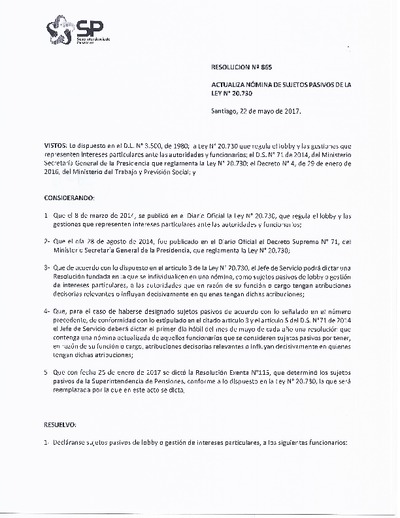Resolución N° 865, del 22 de mayo de 2017, que actualiza nómina de sujetos pasivos de la Ley N° 20.730 que regula el lobby.
