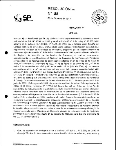 Resolución N°88 del 25 de octubre de 2017. Modifica Régimen de Inversión de los Fondos de Pensiones.