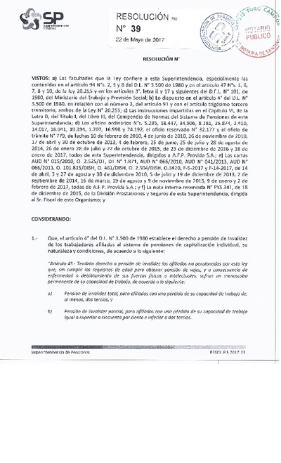 Resolución 039 - PROVIDA S.A. - 2017