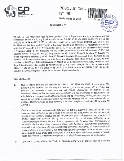 Resolución 019 - PROVIDA S.A. - 2017