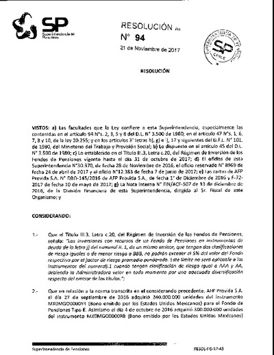 Resolución 094 - PROVIDA S.A. - 2017