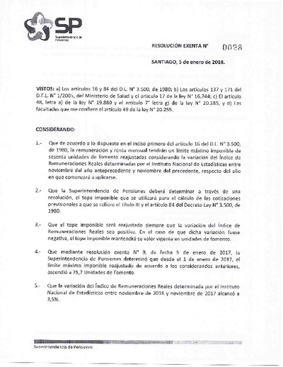 Resolución exenta N° 0028, del 5 de enero de 2018. Tope imponible.