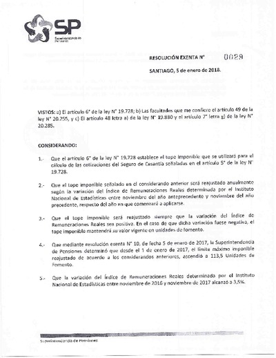 Resolución exenta N° 0029, del 5 de enero de 2018. Tope imponible para el cálculo de las cotizaciones obligatorias del Seguro de Cesantía durante 2018.