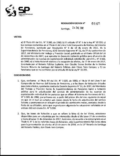 Resolución exenta N° 145, del 24 de enero de 2018.