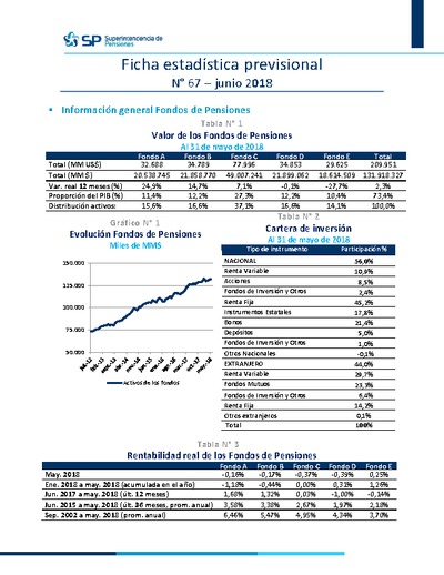 Ficha Estadística de los Fondos de Pensiones N° 67, junio 2018