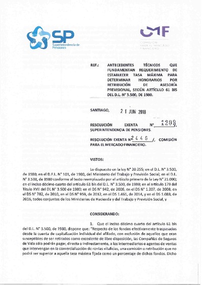 Resolución Exenta N° 1.209 del 21 de junio de 2018, sobre comisiones máximas por asesoría previsional