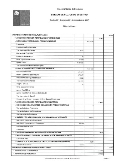 Estado de Flujos de Efectivo de la Superintendencia de Pensiones, desde el 1 de enero al 31 de diciembre de 2017