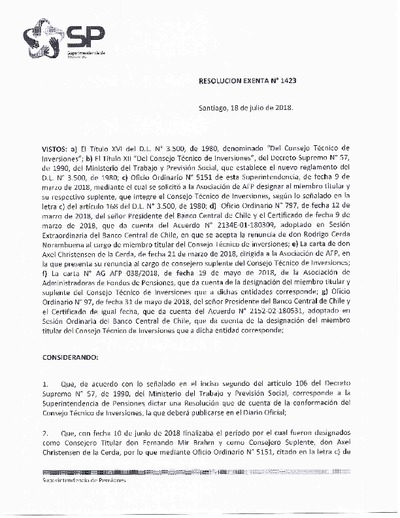 Resolución Exenta N° 1423, del 18 de julio de 2018
