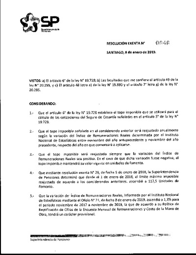 Resolución Exenta N° 0046, del 9 de enero de 2019, que fija tope imponible para el cálculo de las cotizaciones del seguro de cesantía durante 2019.