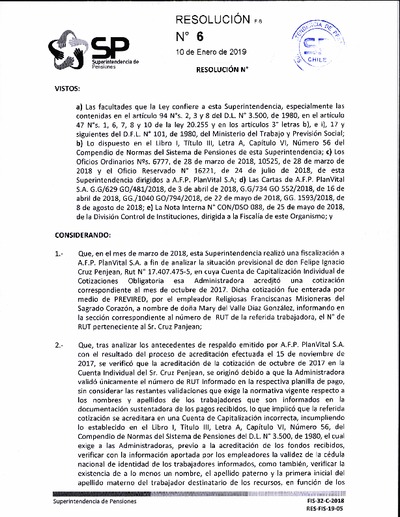 Resolución N° 06 de 2019. Sanción a AFP Planvital