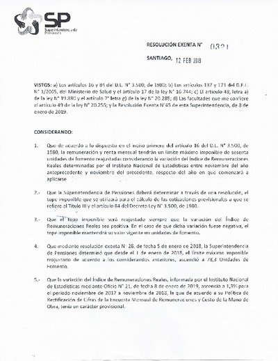 Resolución N° 0321, tope imponible 2019