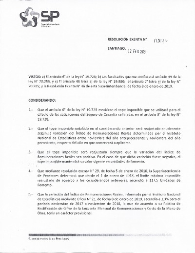 Resolución N° 0322, tope imponible 2019