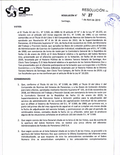 Resolución N° 27 del 1 de abril de 2019. Adjudica licitación de cartera de nuevos afiliados a AFP UNO