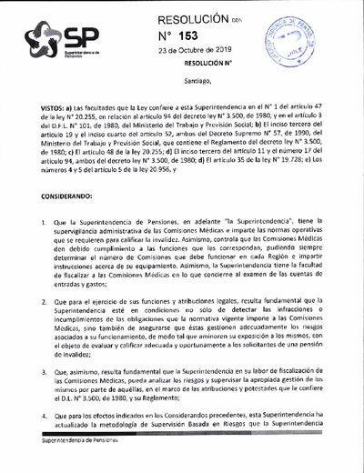Resolución N° 153, del 23 de octubre de 2019, que contiene el Modelo de Supervisión Basada en Riesgo de la Superintendencia de Pensiones y reemplaza la Resolución N° 102.