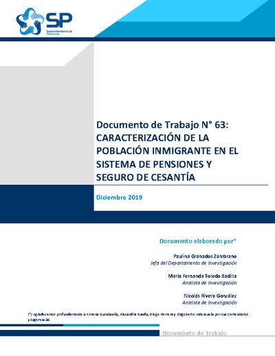 Documento de Trabajo N° 63: Caracterización de la Población Inmigrante en el Sistema de Pensiones y Seguro de Cesantía
