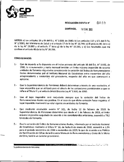 Resolución Exenta N° 10, del 10 de enero de 2020, que fija tope imponible para las cotizaciones obligatorias del sistema de AFP, de salud y de la ley de accidentes del trabajo.