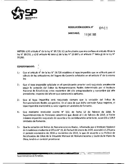 Resolución Exenta N° 11, del 10 de enero de 2020, que fija topes imponibles vigentes durante 2020 para el pago de cotizaciones al seguro de cesantía.