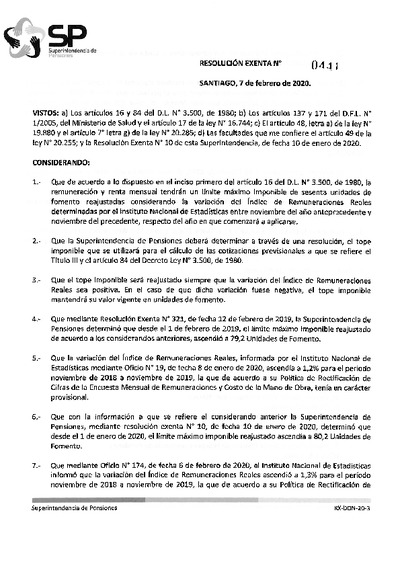 Resolución Exenta N° 0441, del 7 de febrero de 2020, que fija tope imponible para las cotizaciones obligatorias del sistema de AFP, de salud y de la ley de accidentes del trabajo.