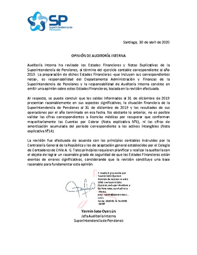 Opinión de Auditoría Interna sobre Estados Financieros y Notas Explicativas de la SP 2019