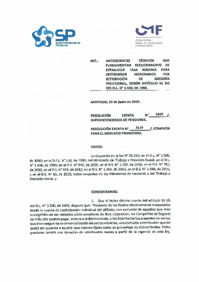 Resolución Exenta N° 1.019 del 19 de junio de 2020, sobre comisiones máximas por asesoría previsional