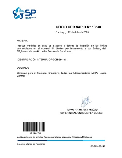 Oficio Ordinario N° 13548, del 27 de julio de 2020, que instruye medidas en caso de excesos o déficit de inversión en los límites contemplados en el numeral III. Límites por Instrumento y por Emisor, del Régimen de Inversión de los Fondos de Pensiones.