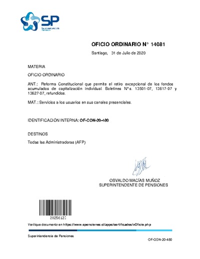 Oficio Ordinario N° 14081, del 31 de julio de 2020, sobre servicios a los usuarios en canales presenciales.