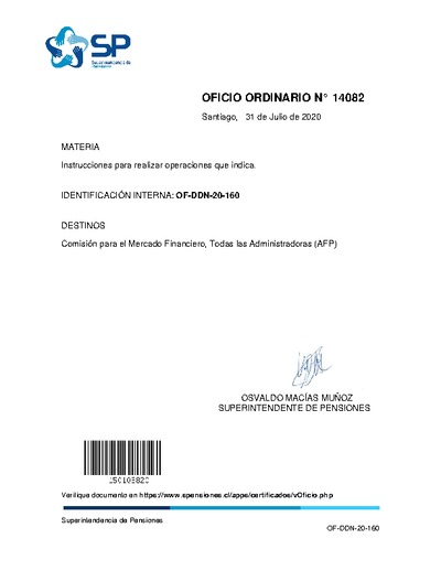 Oficio Ordinario N° 14082, del 31 de julio de 2020, sobre instrucciones para realizar operaciones que indica.