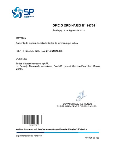 Oficio Ordinario N° 14726, del 9 de agosto de 2020, que aumenta de manera transitoria los límites de inversión que indica.