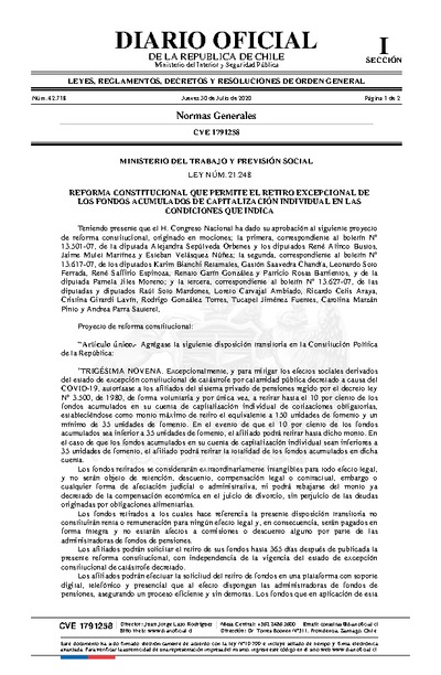 Ley N° 21.248 de Reforma Constitucional que permite el retiro excepcional de los fondos acumulados de capitalización individual.