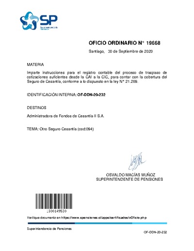 Oficio Ordinario N° 19668, del 30 de septiembre de 2020, que imparte instrucciones para el registro contable del proceso de traspaso de cotizaciones suficientes desde la CAI a la CIC, para contar con la cobertura del seguro de cesantía, conforme a lo dispuesto en la Ley N° 21.269.