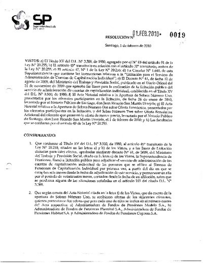 Resolución N° 19, del 1 de febrero de 2010, que adjudica la licitación del servicio de administración de cuentas de capitalización individual a AFP Modelo S.A.