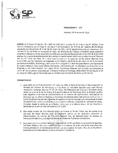 Resolución N° 157, del 30  de enero de 2012, que adjudica la licitación del servicio de administración de cuentas de capitalización individual a AFP Modelo S.A.
